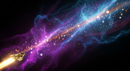 Image shows a spaceship flying through a colorful nebula in outer space, with stars. Concept represents space exploration, travel, adventure, and future
