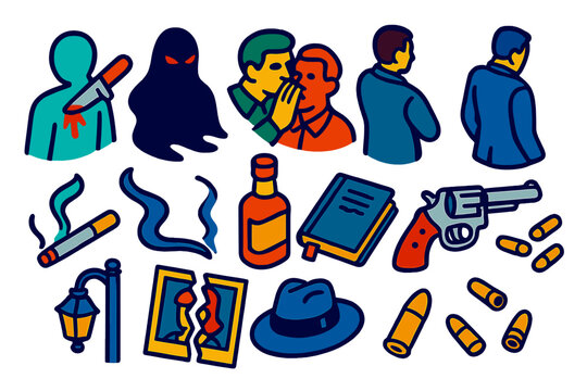 Noir Betrayal Icons. Isometric vector illustration set Noir Betrayal: knife backstab icon, dim shadow figure, whisper in darkness,