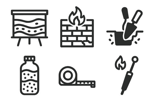Disaster Archaeology Icons. Line style icons of Disaster Archaeology: stratigraphic section board, burned wall diagram, trench