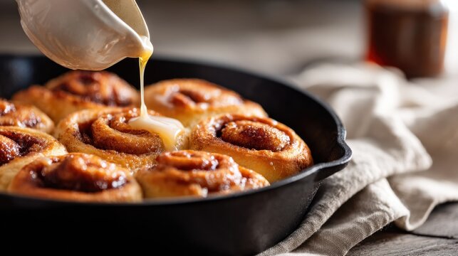 Freshly Baked Cinnamon Rolls Drizzled with Icing in Rustic Setting for Cozy, Homemade