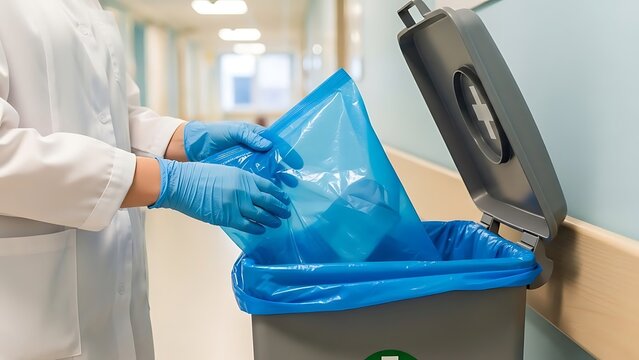 Medical Waste Disposal Blue Bag in Gray Container with Blue Gloves