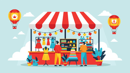 Illustration of a Vibrant Outdoor Marketplace with Clothing, Goods, and Balloons for a Festive, Commercial Event and Retail Experience.