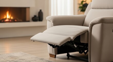 Naklejka premium Cozy beige recliner in modern living room with fireplace