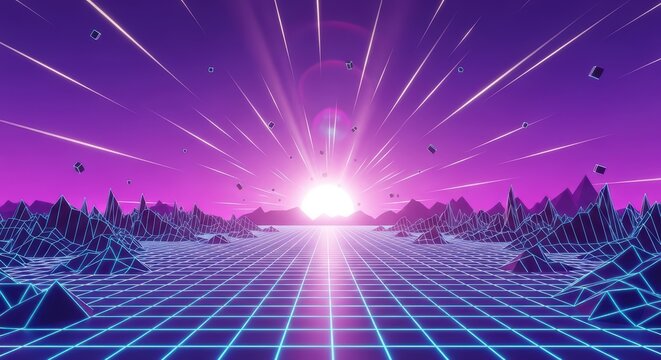 Retro futuristic cyber landscape with neon grid and cubes at sunrise