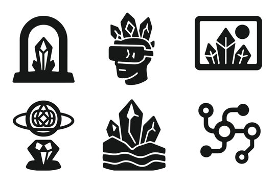 Crystal Icon Environments. Solid style icons of crystal-based virtual environments: immersive gem portals, fractal VR crystals,