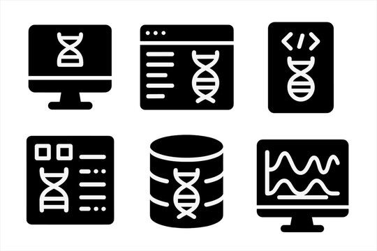 DNA Interface Icons. Solid style icons of interface and software: DNA GUI dashboard, sequence editor window, code-to-helix app.