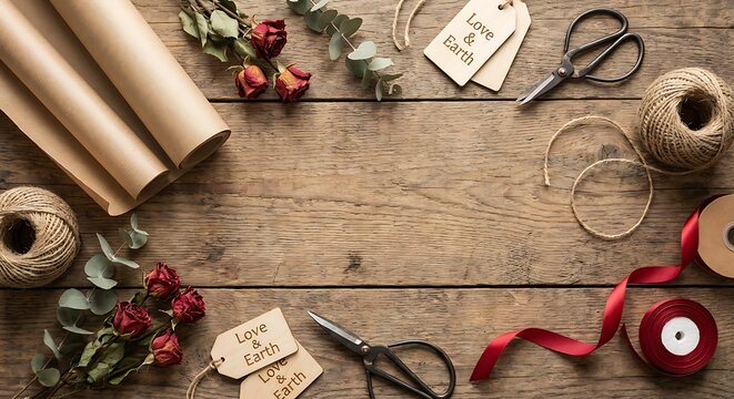 Overhead view of rustic gift wrapping supplies including brown paper, twine, scissors, red ribbon, and dried rose for a romantic or ecofriendly present