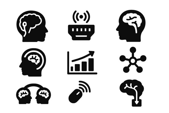 Brain-Computer Interface Icons. Solid style icons of brain-computer interfaces: neural link icon, signal port badge,
