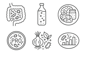 Microbiome Health Icons. Line style icons of microbiome and gut health: gut flora icon, kombucha bottle, fermented food plate,