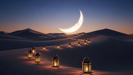 Magical desert night with crescent moon and glowing lanterns perfect for Ramadan greetings and spiritual themes