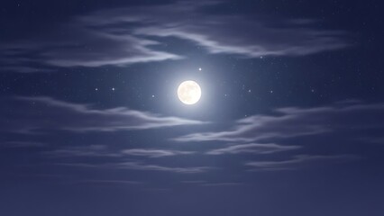 Dreamy full moon shining bright in the night sky with scattered stars and soft clouds creating a serene backdrop