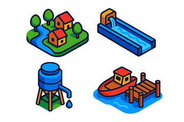 Naklejka premium Downstream Community Icons. Isometric vector illustration set Downstream Communities: Riverside village, irrigation channel,
