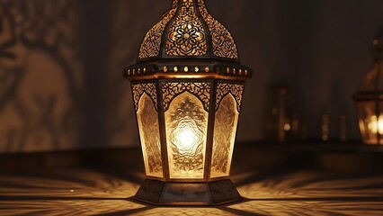 Elegant Ramadan lantern shines warmly casting intricate shadows for festive decor and spiritual reflection during holy month