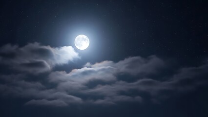 Dreamy full moon shines brightly through soft clouds on a beautiful starry night creating a peaceful celestial scene