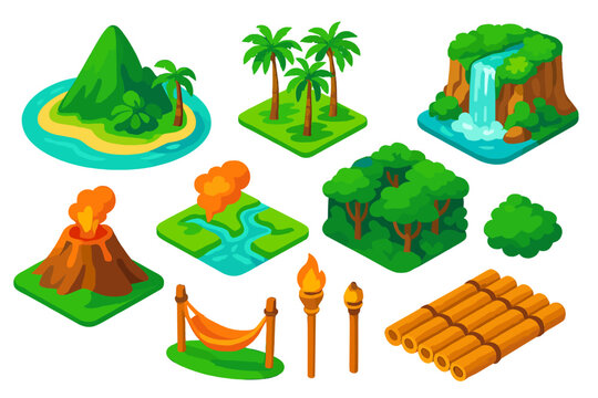Tropical Mountain Vistas. Isometric vector illustration set Mountain landscapes &ndash; tropical mountain isle, palm grove, waterfall