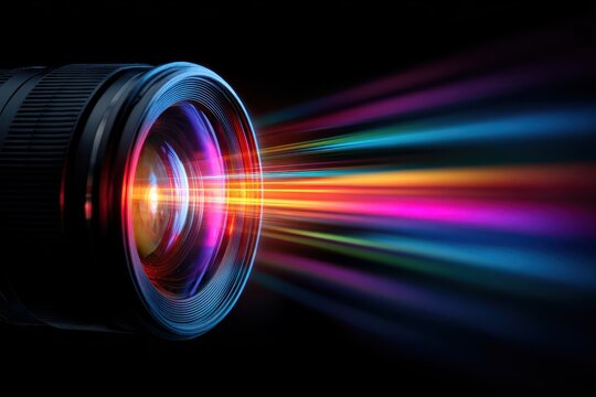 Camera lens emits vibrant rainbow light effect creating a captivating visual of colorful reflections at a close distance - Powered by Adobe