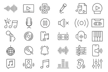 Music icon set. Music web icons in line style. Content music icons. Guitar, play, music note, sound, headphones, mic,  speaker, headphones.  Vector illustration. © Usha