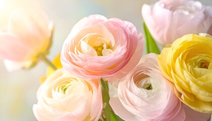 Spring bouquet of colorful tulips and ranunculus, close-up
