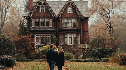 Couple walking hand in hand on path towards large Victorian house in autumn, overcast day in the Northeast United States, 4k