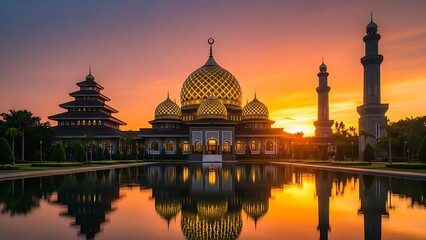 Stunning golden mosque architecture reflecting in tranquil water at sunset, perfect for travel and cultural projects