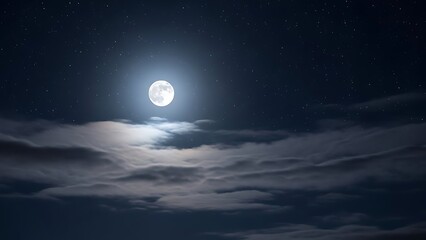 Stunning full moon shines brightly over dark clouds and starry night sky, creating a peaceful and serene atmosphere