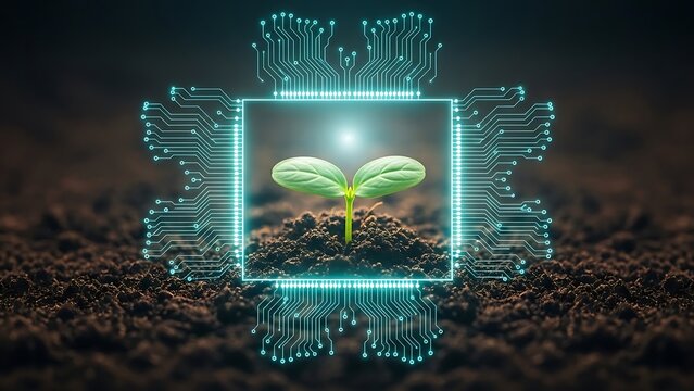 Sprout in Soil with Glowing Circuit Board Frame Concept