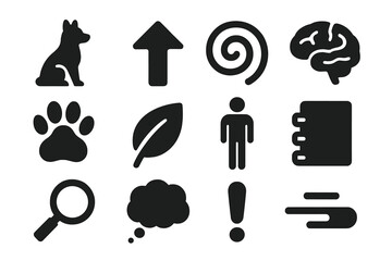 Adaptive Behavior Icons. Solid style icons of adaptive behavior and decision-making: animal silhouette, arrow, spiral, brain, paw