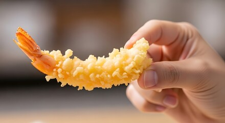 hand holding a deep fried tempura shrimp by its tail, for japanese cuisine blogs, restaurant advertising, seafood recipes