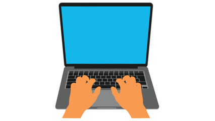 Vector Illustration of Hands Typing on Laptop Keyboard with Blank Blue Screen. Modern Notebook Computer for Remote Work, Online Communication, or Programming