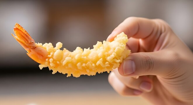 hand holding a deep fried tempura shrimp by its tail, for japanese cuisine blogs, restaurant advertising, seafood recipes
