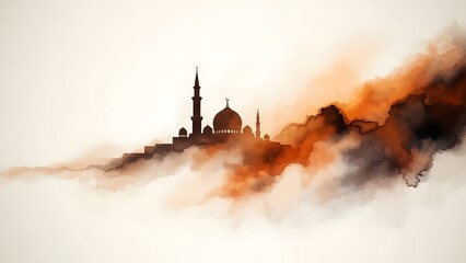 Silhouette of a mosque with minarets and domes emerging from dramatic, flowing watercolor clouds in shades of orange, brown, and black against a light background, evoking a spiritual or cultural theme