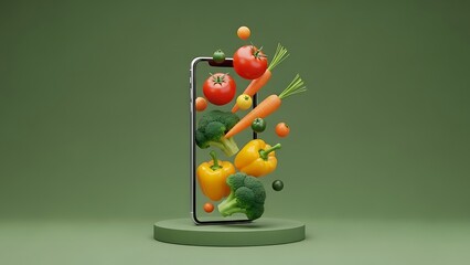 Vegetables Floating from Smartphone Screen on Green Background
