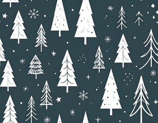 Evergreen forest in snowy weather illustrated on dark blue background, festive design