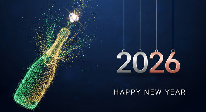 Champagne bottle with sparkling particles and diamond, the numbers "2026" symbolize New Year celebration, against a gradient dark blue backdrop