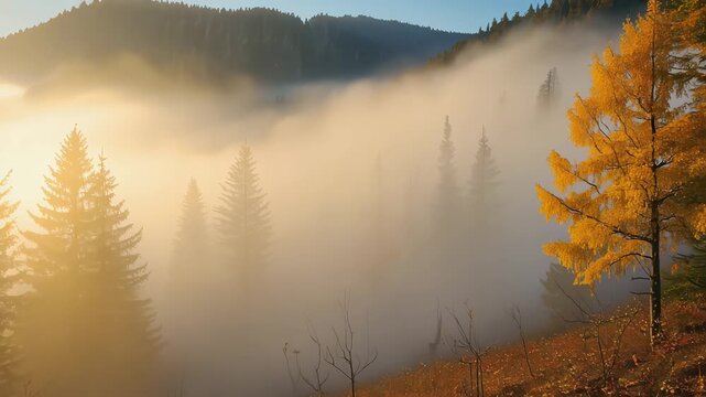 Foggy mountain landscape with autumn colors a scenic view of pine trees and morning mist ideal for t