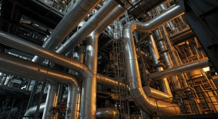 Fototapeta premium Close up of heavy metal structures and pipes inside an enormous industrial power plant showing intricate machinery textures and engineering complexity, metal, heat, massive
