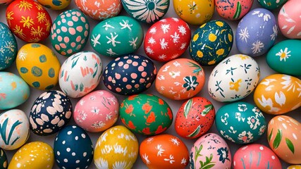 Colorful easter eggs arranged in a pattern background on bright day, easter holiday tradition of painting eggs - Powered by Adobe