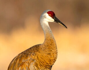 Close-up of a Sandhill Crane with a red cap, against a blurred golden and brown textured background