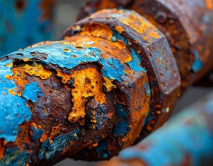 Close-up of a rusty pipe with blue and orange paint peeling off, revealing the rusted metal beneath