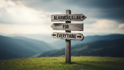 Wooden directional signpost with three weathered planks inscribed with the arabic phrase alhamdulillah for everything standing on a grassy hilltop overlooking misty mountains under a dramatic sky,