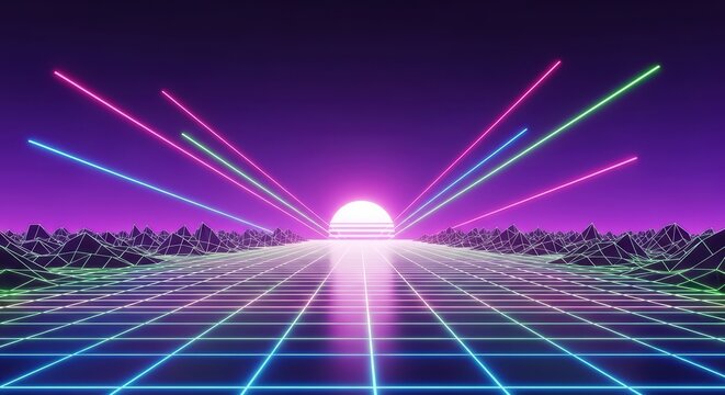 Retro futuristic digital landscape with neon grid and sunburst in vibrant colors