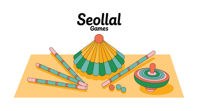 Seollal Traditional Games Illustration: Yut Nori Sticks, Paengi Spinning Top and Jegichagi Shuttlecock for the Korean New Year Celebration