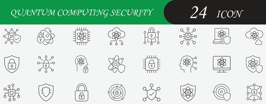 Quantum Security Outline Icon Set. Containing atom, encryption, shield, processor, and data flow symbols. Editable vector icon for high-tech projects, IT security, and presentations