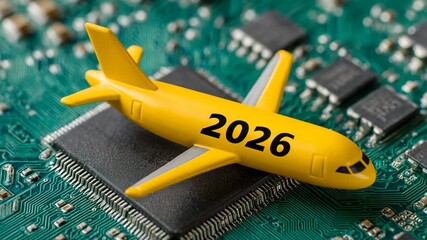 Yellow toy airplane with 2026 on a microchip concept for technology and travel future of aviation - Powered by Adobe