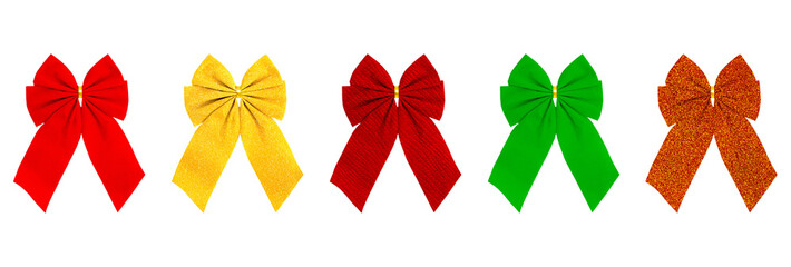 Horizontal set of five isolated holiday bows in red, gold, and green, featuring both glitter and fabric textures, ideal for Christmas, seasonal decoration, banners, or gift wrapping elements