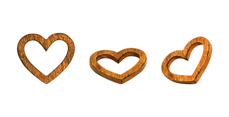 Set of three isolated wooden heart frames shown from different angles, featuring natural grain texture, perfect for Valentine's Day, rustic decor, love themes, and craft projects