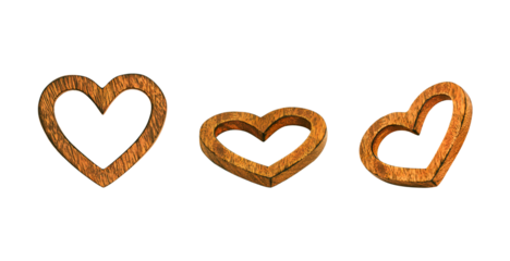 Set of three isolated wooden heart frames shown from different angles, featuring natural grain texture, perfect for Valentine's Day, rustic decor, love themes, and craft projects