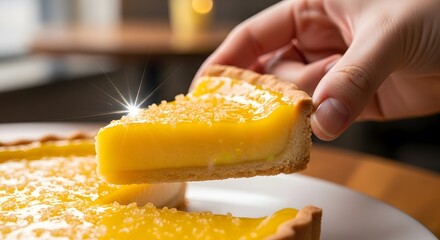 hand lifting a slice of glossy lemon tart with sparkling sugar, for bakery websites, dessert menus, baking blogs