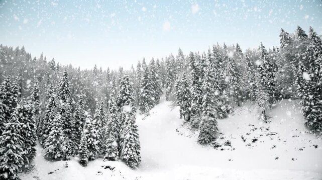 White winter landscape with snow covered plain and forest at snowfall, winter seasonal background 4K animation seamless loop