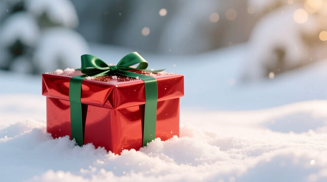 Santa Gift Box Celebration Medium Close Up With Snow Background For Holiday Marketing On Winter Scene With Ample Copy Space For Seasonal Campaign Use